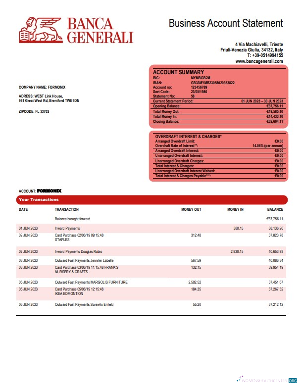 Download Banca Generali organization checking account statement Word and PDF template Photoshop template